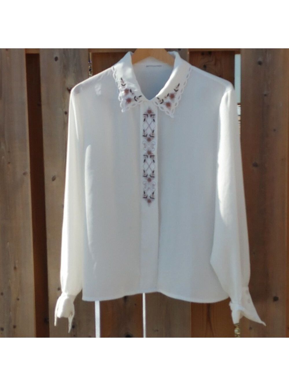 VINTAGE Romantic Collared Blouse Woman's Size 14 Floral Embroidery